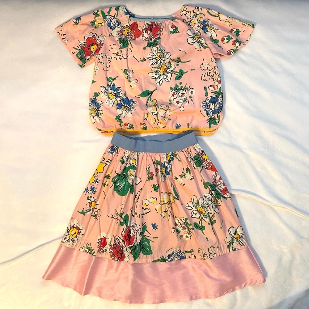 Mimisol Pink Floral 2pc Outfit Skirt & Top Set Girls 6-8 Kids cotton Italy